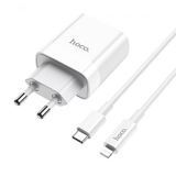 Мережевий зарядний пристрій HOCO C80A Rapido+Cable Type-C to Lightning 20W PD+3.0 Type-C+USB white