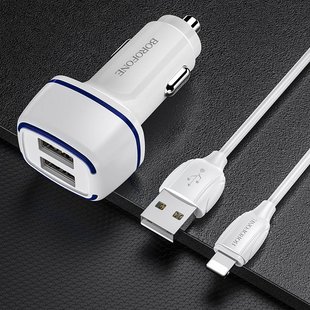 Автомобільний зарядний пристрій Borofone BZ14 Max Lightning QC/2.4A/2USB/1m white