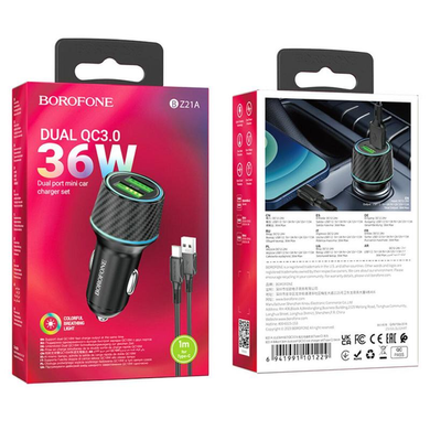 АЗП Borofone BZ21A Brilliant 36W QC3.0 2USB 2.1A Type-C black