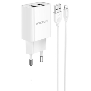 Мережевий зарядний пристрій Borofone BA53A Powerway (2USB/2.1A)+Lightning 1m white