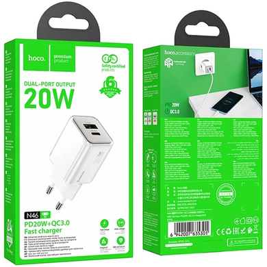 Сетевой блок питания Hoco N46 Glorious PD20W+QC3.0 (1USB-A/1C) white