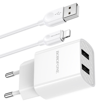 Мережевий зарядний пристрій Borofone BA53A Powerway (2USB/2.1A)+Lightning 1m white