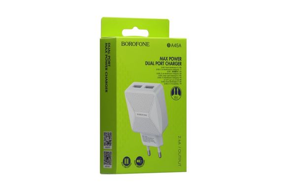 Мережевий зарядний пристрій Borofone BA45A Max Power 2usb / 2,4A (EU) white