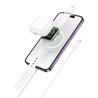 Бездротовий зарядний пристрiй HOCO CW50 Fast 3in1 magnetic 15W (for iWatch) white
