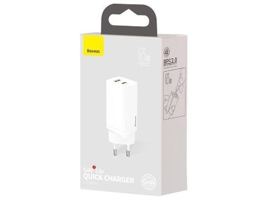 Мережевий зарядний пристрій Baseus GaN2 Lite Quick Charger 65W 1Type-C+1USB (CCGAN2L-B02) white