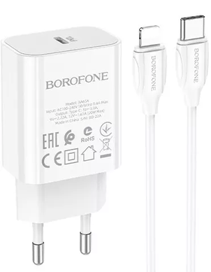 Сетевое зарядное устройство Borofone BA65A Single port USB-C 20W Type-C to Lightning white
