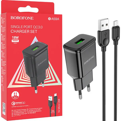 Мережевий зарядний пристрій Borofone BA59A QC3.0 1usb 18W (EU) micro 1m black