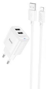 Сетевое зарядное устройство HOCO C141A Smart dual-port charger set 5V/2.1A + Lightning White