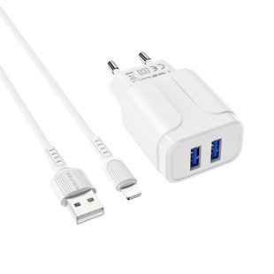 Сетевое зарядное устройство Borofone BA37A Lightning 2USB 2.4A/1m white