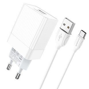 Мережевий зарядний пристрій Borofone BA47A Mighty 3A /1USB/QC 3.0/18W (EU) + cable Type-C white
