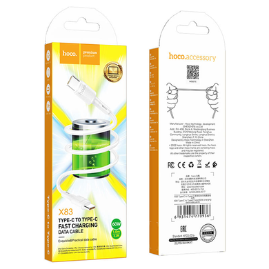 Кабель Hoco X83 60W Type-C to Type-C PD 1m white