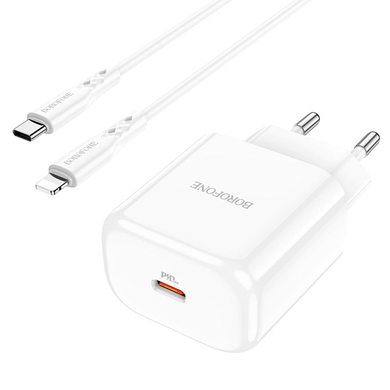 Сетевое зарядное устройство Borofone BN3 Premium PD 20W Type-C to Lightning QC3.0 white