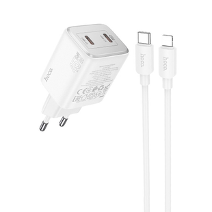 Мережевий зарядний пристрій Hoco N42 Elogiado PD45W 2Type-C + кабель Type-C to Lightning white