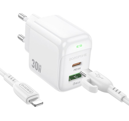 Мережевий зарядний пристрій Borofone BAS45A 1USB-C/1USB PD/ QC 30W Type-C to Lightning white