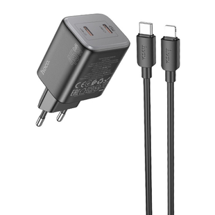 Мережевий зарядний пристрій Hoco N42 Elogiado PD45W 2Type-C + кабель Type-C to Lightning black