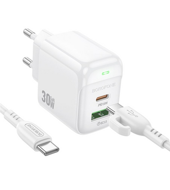 Сетевое зарядное устройство Borofone BAS45A 1USB-C/1USB PD/ QC 30W Type-C to Type-C white