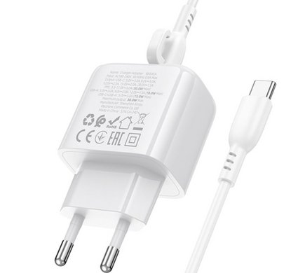 Сетевое зарядное устройство Borofone BAS45A 1USB-C/1USB PD/ QC 30W Type-C to Type-C white