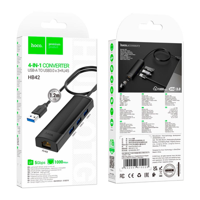 USB Hub Hoco HB42 4 in 1(USB to USB3.0*3+RJ45 1Gbps) 1.2m black