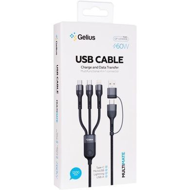 USB кабель Gelius Multimate GP-UCN006 4in1 USB-A/Type-C to Type-C/Lightning/MicroUSB 1,2m/60W black