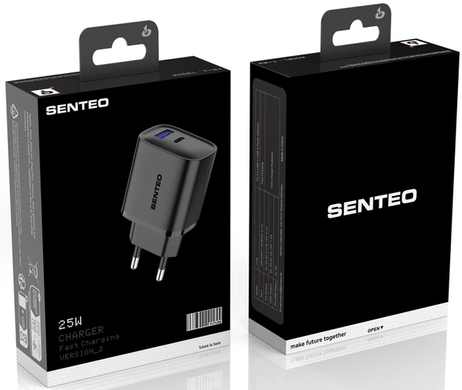 Мережевий зарядний пристрій Senteo T-04 version2 USB+USB-C PD /QC 3.0 25W (СЕ сертифікат) black