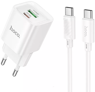 Сетевое зарядное устройство Hoco C147A 1USB-C/1USB PD/QC 20W+Type-C to Type-C white