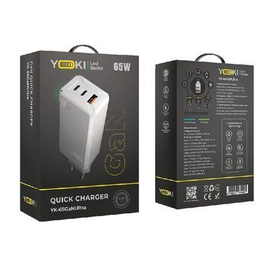 Мережевий зарядний пристрій Yoki Led Series YK-65 2Type-C + 1USB Gan PD 65W white