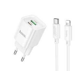 Мережевий зарядний пристрій Hoco C147A 1USB-C/1USB PD/QC 20W+Type-C to Lightning white