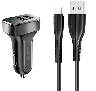 Автомобильное зарядное устройство Usams C13 2.1A 2usb + U35 Lightning cable 1m black