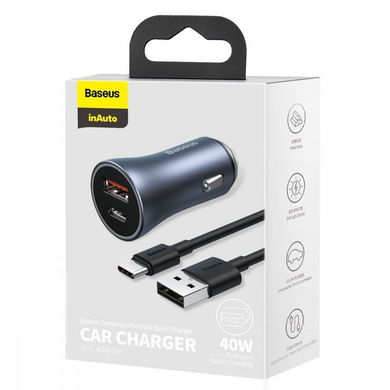 Автомобільний ЗП Baseus Golden Contactor Pro 40W USB+Type-C+ Cable Type-C 5A 1m TZCCJD-0G dark gay