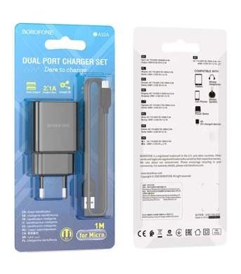 Сетевое зарядное устройство Borofone BA53A Powerway 2USB/2.1A + Cable Micro чёрный