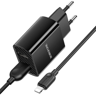 Мережевий зарядний пристрій Borofone BA53A Powerway (2USB/2.1A)+Lightning 1m black