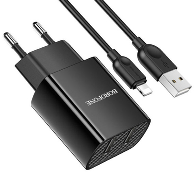 Мережевий зарядний пристрій Borofone BA53A Powerway (2USB/2.1A)+Lightning 1m black