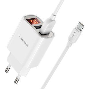 Мереживий зарядний пристрій Borofone BA58A Digital Display Micro 2USB 2.4A white