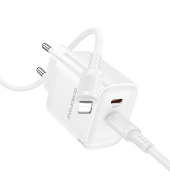 Сетевое Зарядное Устройство Borofone BA85A 2USB-C PD/QC 35W+Type-C to Lightning white