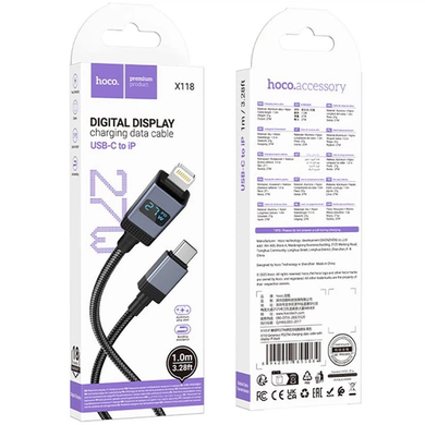 PD кабель Hoco X118 Generous PD27W charging data cable with display Type-C Lightining 1m Black