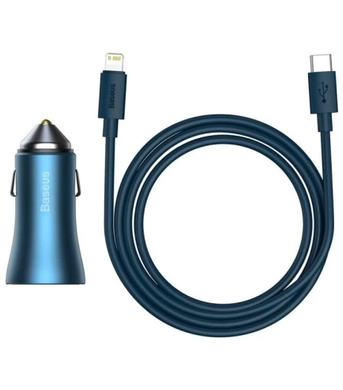 Автомобільний ЗП Baseus Golden Contactor Pro 40W USB+Type-C + Cable Type-C to Lightning 1m blue