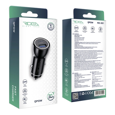 Авто Зарядний пристрій Ridea RCC-30110 QPow 1USB/1USB-C PD/QC 30W black