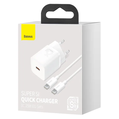 СЗУ Baseus TZCCSUP-L Super PD Charger 1Type-C 25W EU Mini 3A 1m Type-C+Type-C white