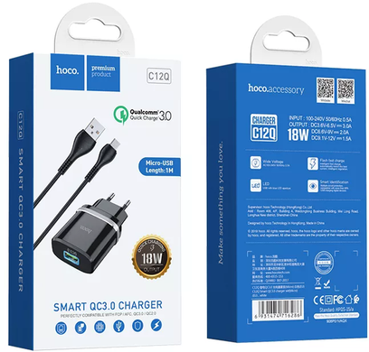 Сетевое зарядное устройство Hoco C12Q Smart Micro 1usb/3A/QC3.0 black