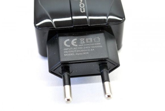 Мережевий зарядний пристрій 4YOU A24 (2.4A,Smart IC,Auto ID,покращена плата,2USB,Led) black
