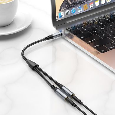 AUX-Разветвитель НОСО UPA21 2-in-1 3.5 audio adapter cable(male to 2*female) 0,25m. Metal Gray