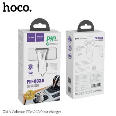 Автомобільний зарядний пристрій Hoco Z31A Colossus PD+QC3.0 USB+Type-C 18w/3.4A white